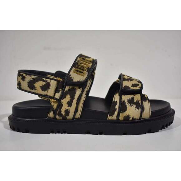 Christian Dior Act Dway Black Gold Leopard Shiny Logo Strap Flat Dad Sandal 35.5 - Picture 2 of 12